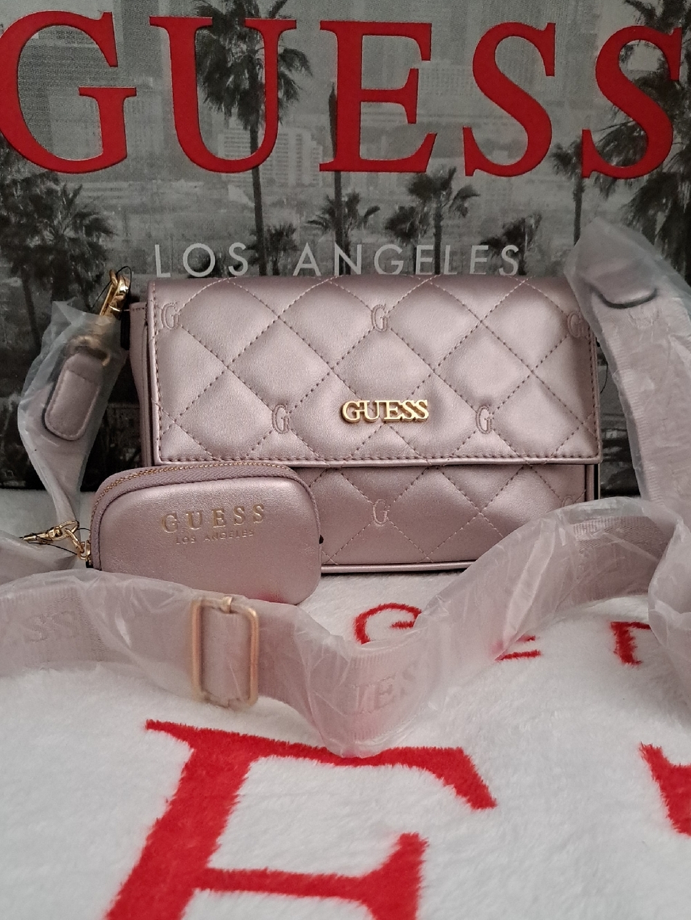 GUESS Quilted Crossbody Bag in Light Pink with Coin Pouch